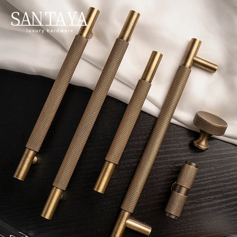 Santaya Brass Diamond-cut Cross Knurl Pattern Antique Kitchen Cabinet Handles Wardrobe Pull T-bar Knobs