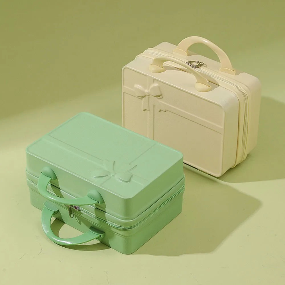 New Bow Embossed Design Makeup Case Solid Color 14 Inch Luggage Mini Portable Hand Suitcase Cosmetic Storage Box For Women