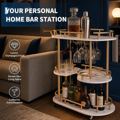 3 Tier Rolling Bar Cart With Wine Rack & Glass Holder, Metal Kitchen Coffee Cart On Wheels, Mobile Serving Cart For Dining Room
