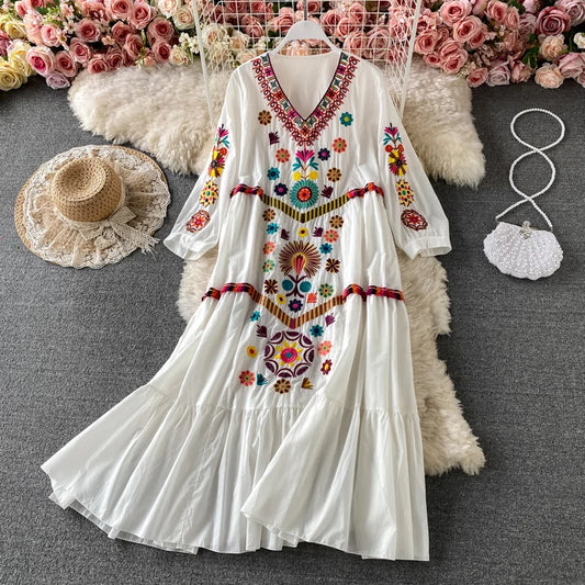 Vintage Women Dress Floral Embroidery Boho Dresses