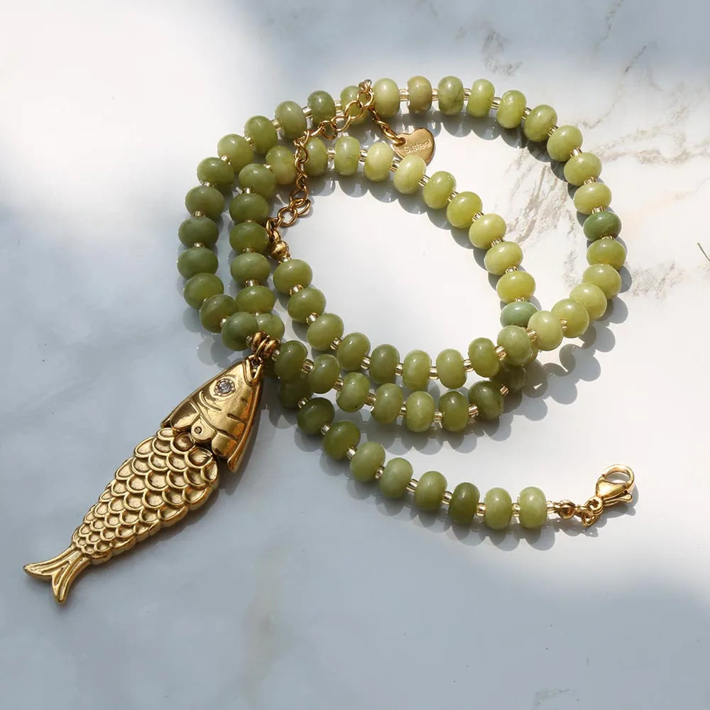 Bohemian Style Spring/Summer Colorful Natural Stone Necklace with Stainless Steel Fish Pendant
