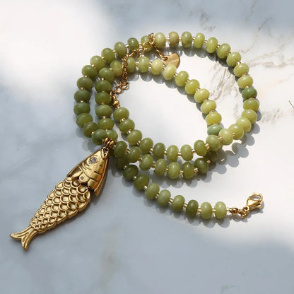 Bohemian Style Spring/Summer Colorful Natural Stone Necklace with Stainless Steel Fish Pendant