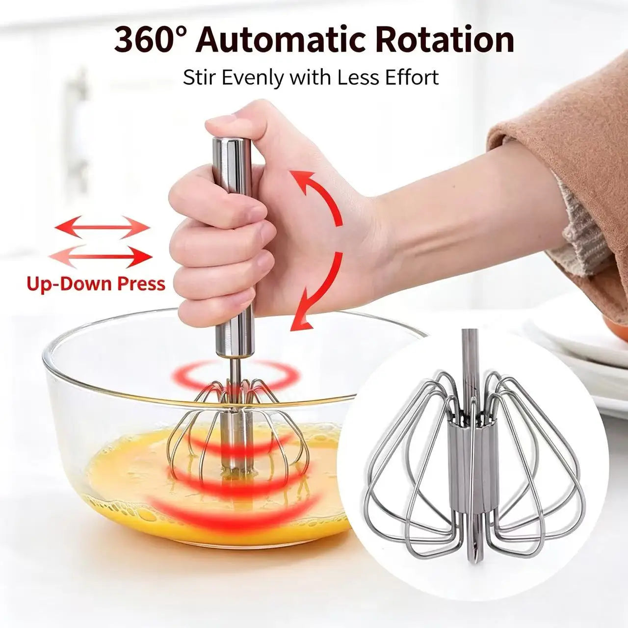 Stainless Steel Semi-Automatic Egg Beater, Hand Press Rotary Whisk, Manual Cream Mixer for Baking Kitchen Tool