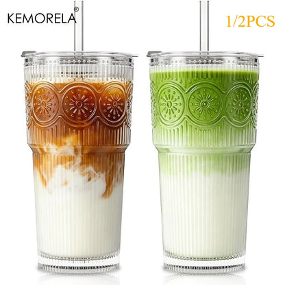 1/2PCS Ribbed &Floral Glass Coffee Cup  with Lids and Straws 590ML for Iced Coffee Smoothies Milk Water Juice and More Drinkware