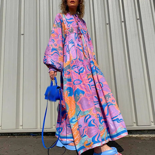 Floral Print Lace-Up Maxi Dress Casual Vintage Lantern Sleeve