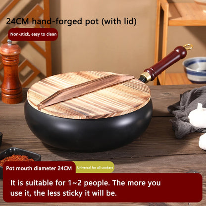 24cm/28cm Non-stick Wok Hand-made Iron Pot with Wooden Lid Multi-function Cooking Pan for Induction Electric Gas All Stoves