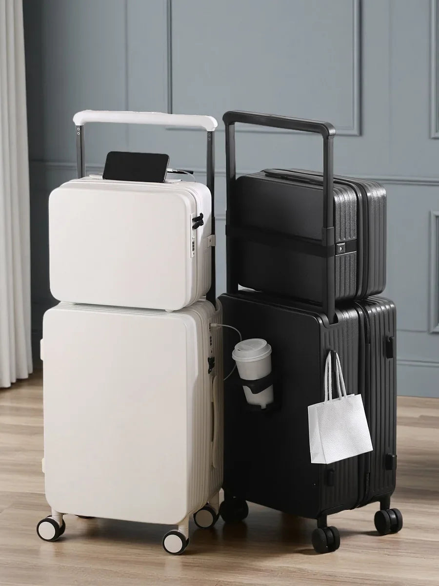 Luggage Set with USB & Cup Holder TSA Lock 360° Wheels Side-standing Foot Hook PC+ABS Suitcase Foldable Travel Case