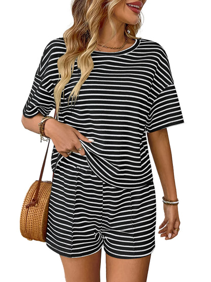 Women Two Piece Short Sets Round Neck Casual Loose Striped Short Sets Knit Elastic Waist