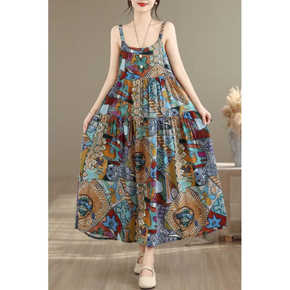 plus Size Cotton Linen A-Line Dress Women's Summer Long Skirt Printed Strapless Quality Good Loose Waist Style No Sleeve