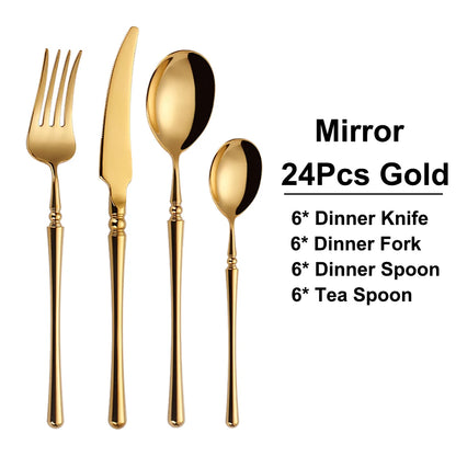 6/16/24/30Pcs Gold Tableware Stainless Steel 304 Cutlery Set Mirror Dinnerware Wedding Gift Hotel Home Dinner Party Flatware