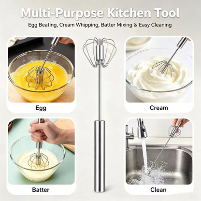 Stainless Steel Semi-Automatic Egg Beater, Hand Press Rotary Whisk, Manual Cream Mixer for Baking Kitchen Tool