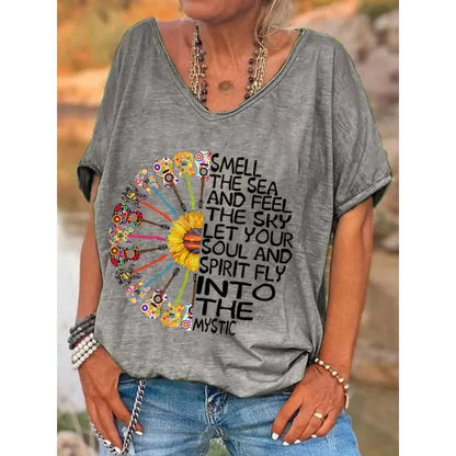 Hippie Classic T-Shirts Women's V Neck T Shirt Short Sleeve Tops Casual Loose Print Tees