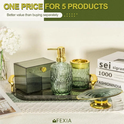 green bathroom accessories set 5 pcs green bathroom decor with decorative vanity tray for boho bathroom decorations soap dispen