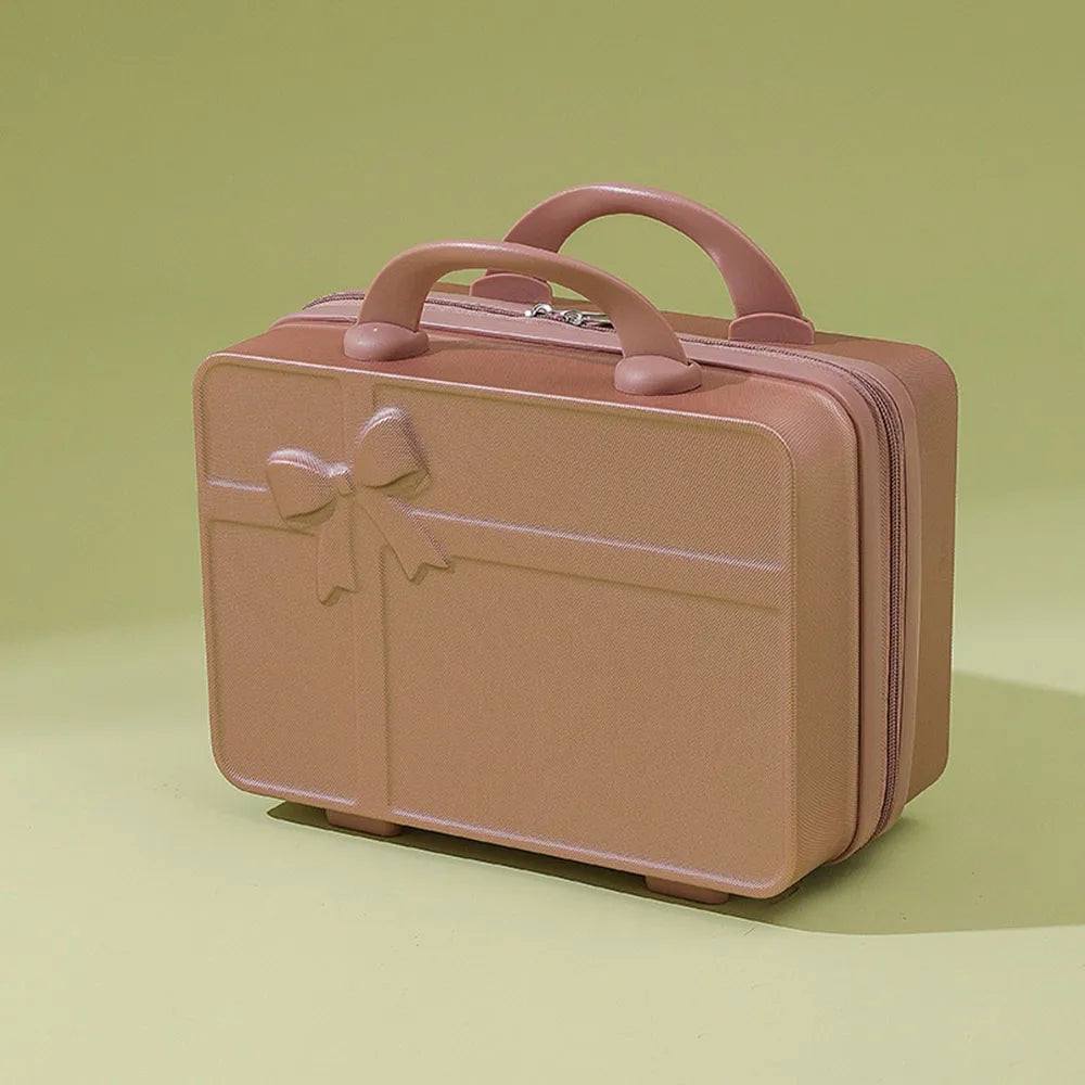 New Bow Embossed Design Makeup Case Solid Color 14 Inch Luggage Mini Portable Hand Suitcase Cosmetic Storage Box For Women