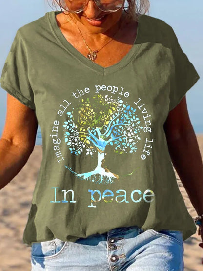 Women's Short Sleeve T-Shirts Casual V Neck T Shirt Summer Hippie Styel Tops Summer Beach Print Tees