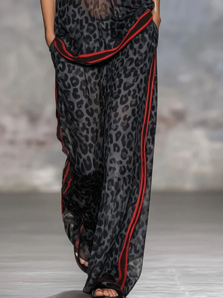 Summer Casual Outfits Female Leopard Print Stripe Contrast Color Two Piece Set for Women Short Sleeve Top & Wide Leg Pants