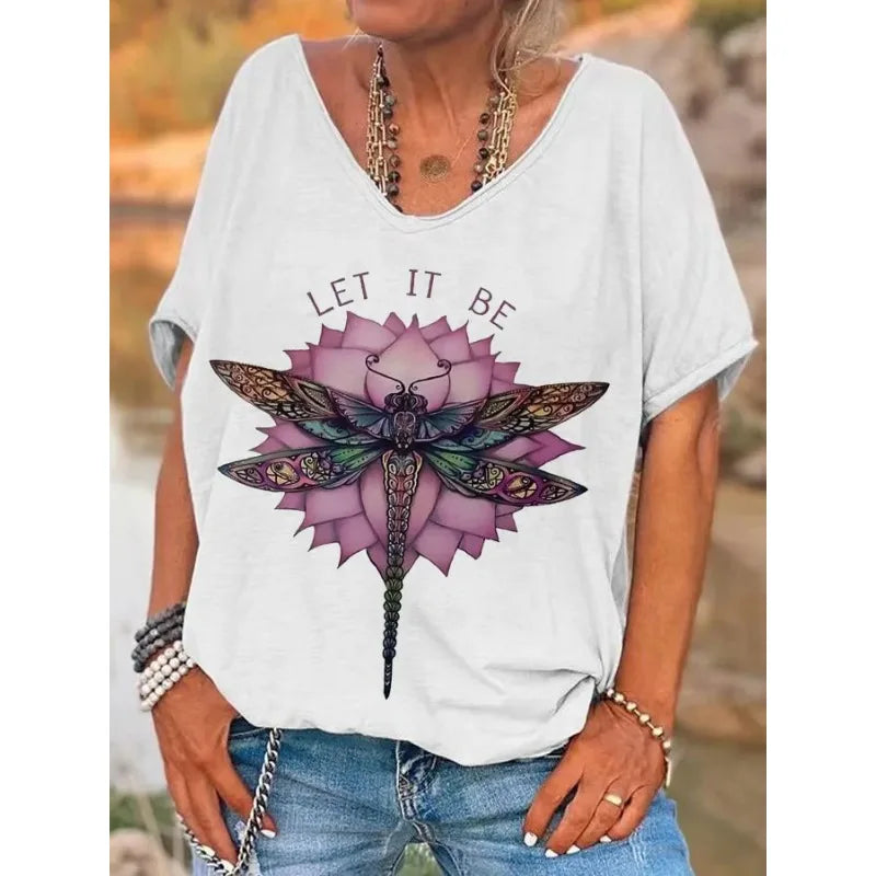 ilstile  Hippie Let It Be Dragonfly Print T-Shirts Women's V Neck T Shirt Short Sleeve Tops Casual Tees Fashion Female clothing