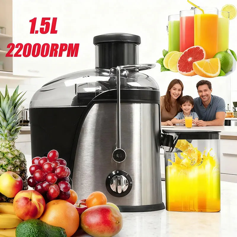 1.5L Stainless Steel Fruit Vegetable Centrifugal Juicer Auto Pulp Ejection, Wide Feeding Chute, High Efficiency Juice Extractor