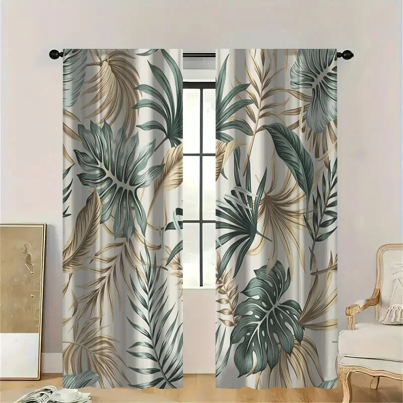 2pcs Tropical Leaf Sheer Curtains – Grey Voile Panels with Green & Brown Monstera Print, Nature-Inspired Light Filtering Drapes