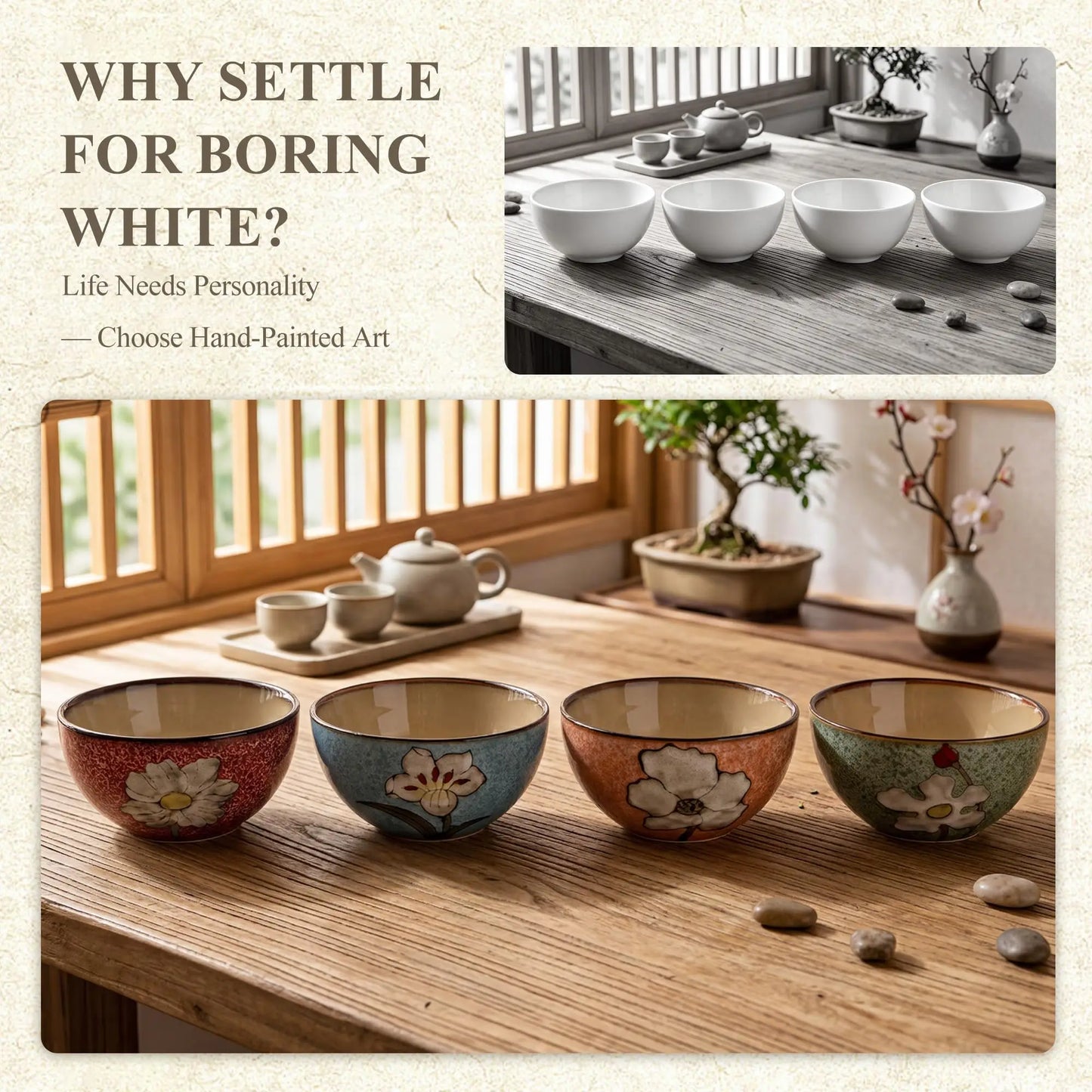 Set Of 4 Hand Painted Underglaze Ceramic Cereal Bowls 6 Inch Floral Classic Design Stackable Dishwasher Microwave And Oven Safe
