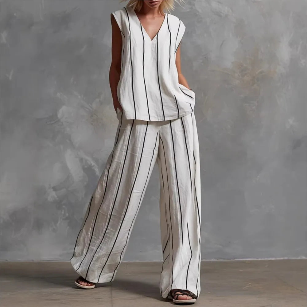 Black White Vertical Striped Loose Top+Wide Leg Pants Two-piece Summer Women's Loose Cotton Linen Trousers Set Костюм Женский