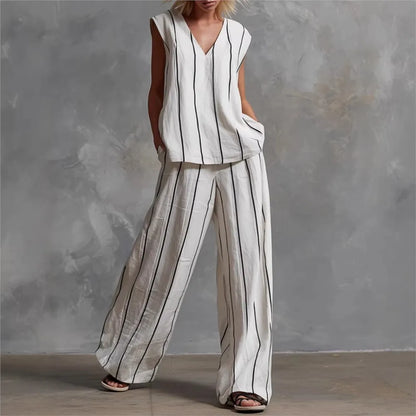 Black White Vertical Striped Loose Top+Wide Leg Pants Two-piece Summer Women's Loose Cotton Linen Trousers Set Костюм Женский