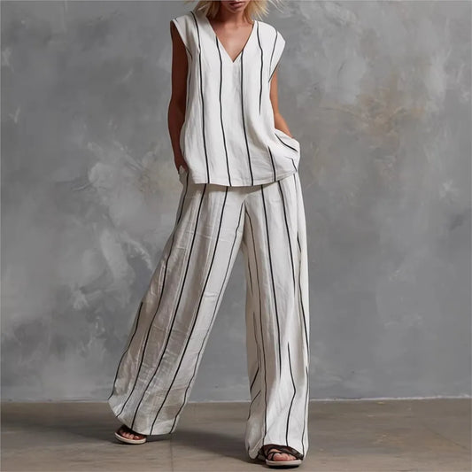Black White Vertical Striped Loose Top+Wide Leg Pants Two-piece Summer Women's Loose Cotton Linen Trousers Set Костюм Женский