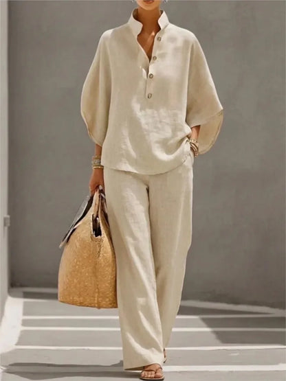 Fashion Cotton Linen Button Stand Collar 9 Quarter Sleeves Loose Women's 2-piece Suit Spring Casual Wide Leg Pants Suit Female