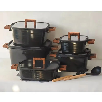 Donnor Crest 15-Piece Classic Square Cookware Set for Blue Diamond Non-Stick Soup Pot Bakelite Gold-Plated Handle Induction Base