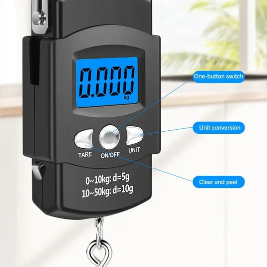 Portable Electronic Scale 50kg 10g LCD Handheld with 100cm Tape Measure for Travel Fishing Baggage Suitcase