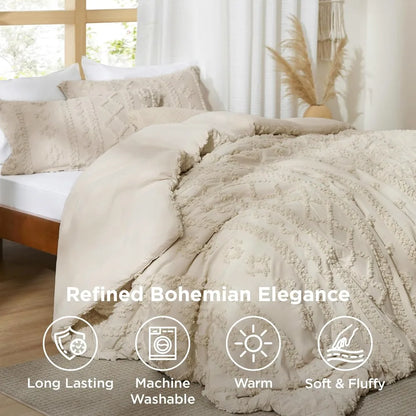 Bedsure Tufted Boho Comforter Set Queen Size - Beige Boho Bed Set, GentleSoft™ 3 Pieces Farmhouse Shabby Chic Embroidery