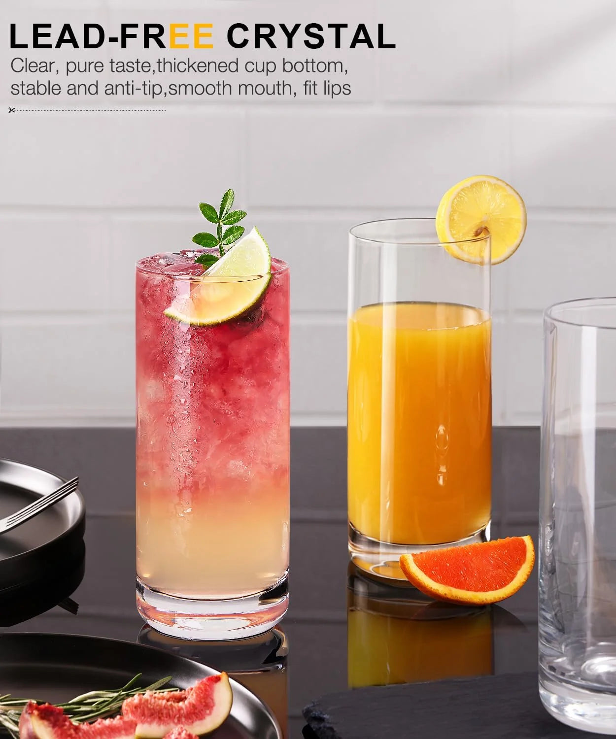 Drinking Glasses Set of 8, 16Oz Crystal Highball Glasses
