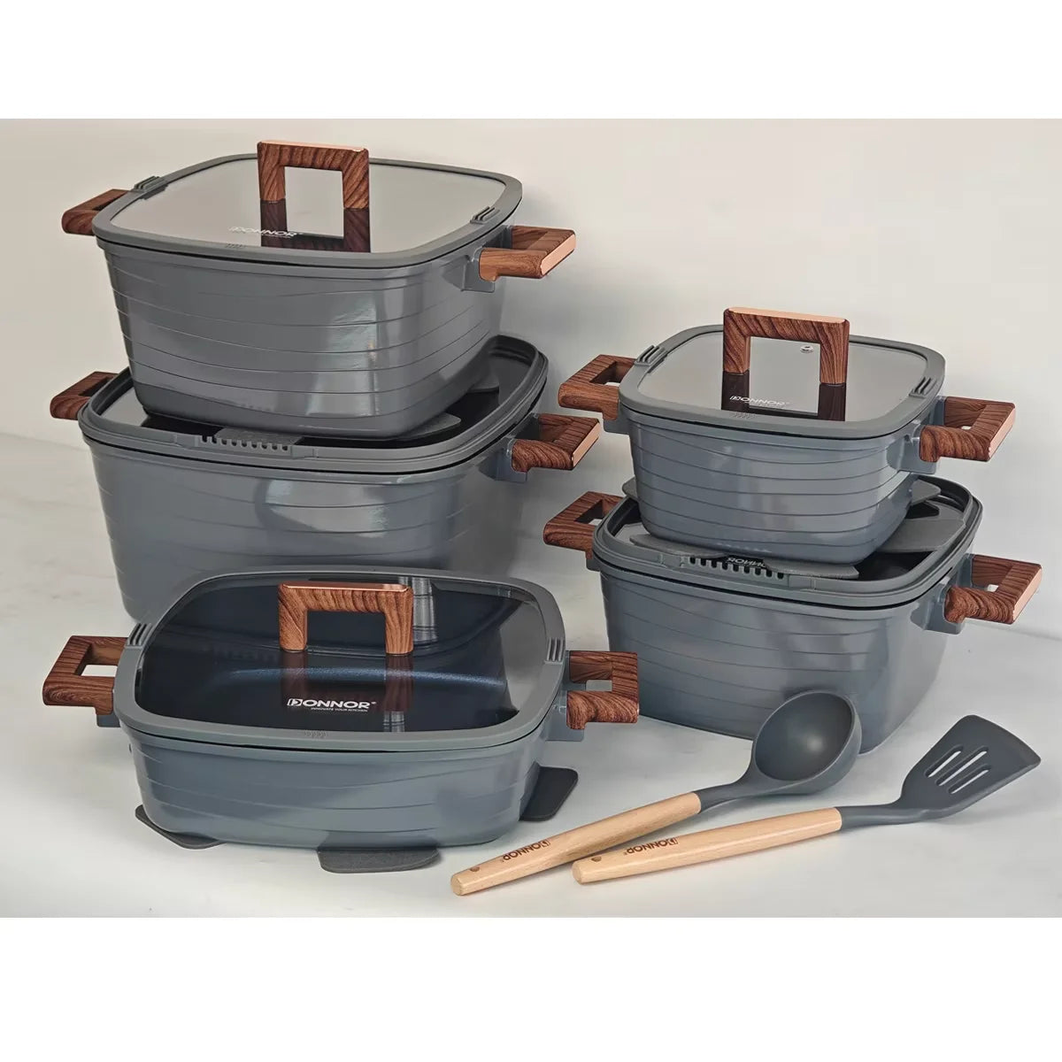 Donnor Crest 15-Piece Classic Square Cookware Set for Blue Diamond Non-Stick Soup Pot Bakelite Gold-Plated Handle Induction Base