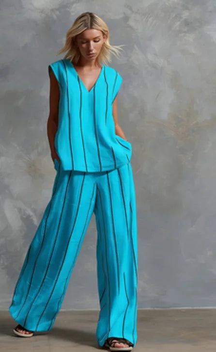 Black White Vertical Striped Loose Top+Wide Leg Pants Two-piece Summer Women's Loose Cotton Linen Trousers Set Костюм Женский