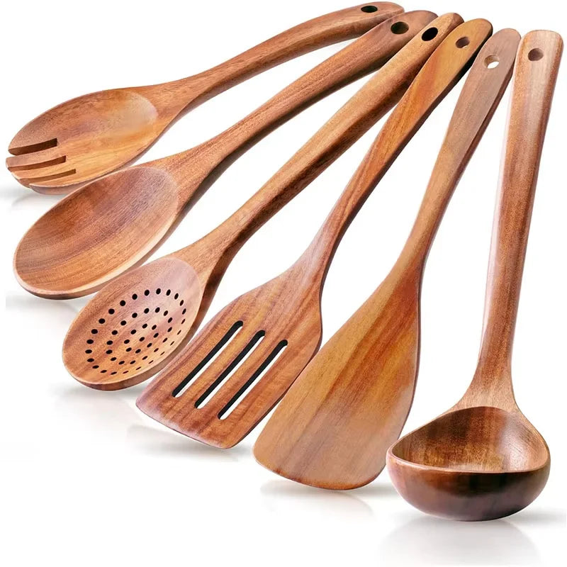LMETJMA 10 Pack Natural Teak Wooden Kitchen Utensil Set Wooden Spoons Spatula Cooking Utensil Set For Cooking Baking JT503