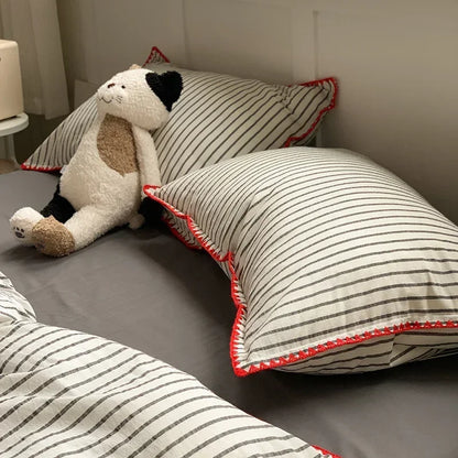New Shell Edge Pure Cotton Bedding Set Simple Striped Printed Skin Friendly Comforter Cover Sets Washable Non Fading Bed Linens