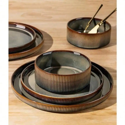 TheTerra Ceramic Dinnerware Set For 4, 12-Piece Plates And Bowls Set Lightweight Porcelain Dish Set, Scratch Resistant, Oven And Microwave And Dishwasher , Cocoa Mocha