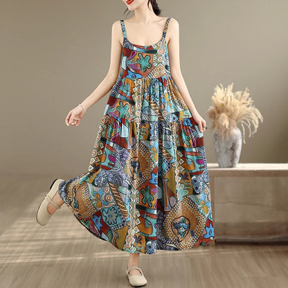plus Size Cotton Linen A-Line Dress Women's Summer Long Skirt Printed Strapless Quality Good Loose Waist Style No Sleeve