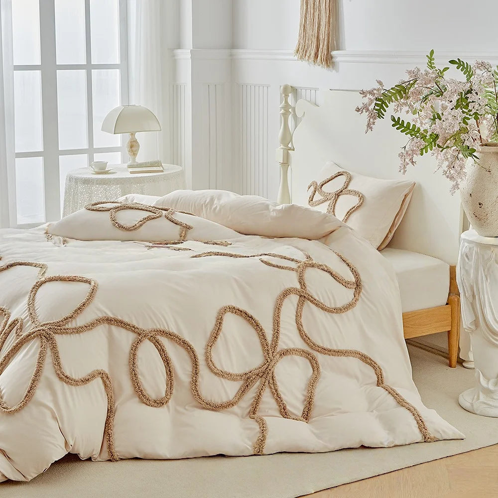 Bohemian Tufting Bow Duvet Cover Set Twin King Soft Homestay Bedding Set Quilt Cover Jacquard Comforter Cover with Pillowcase