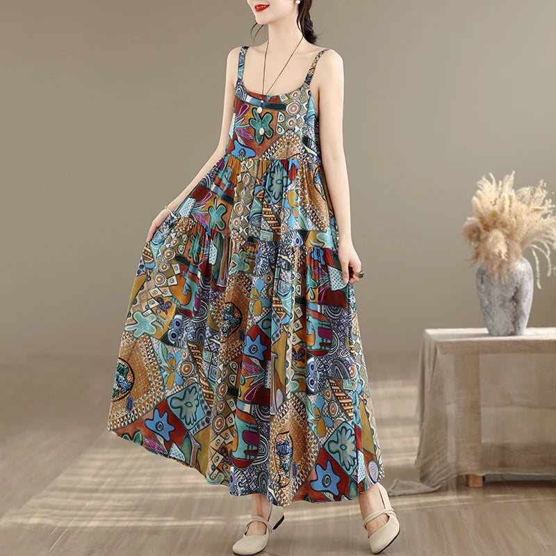 plus Size Cotton Linen A-Line Dress Women's Summer Long Skirt Printed Strapless Quality Good Loose Waist Style No Sleeve