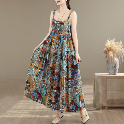 plus Size Cotton Linen A-Line Dress Women's Summer Long Skirt Printed Strapless Quality Good Loose Waist Style No Sleeve