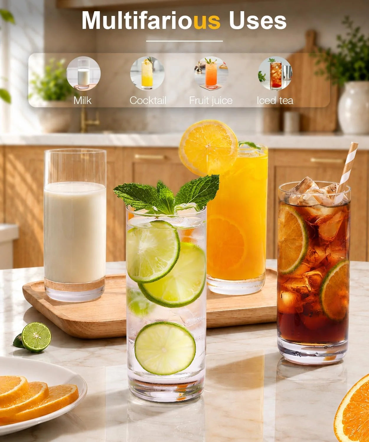 Drinking Glasses Set of 8, 16Oz Crystal Highball Glasses