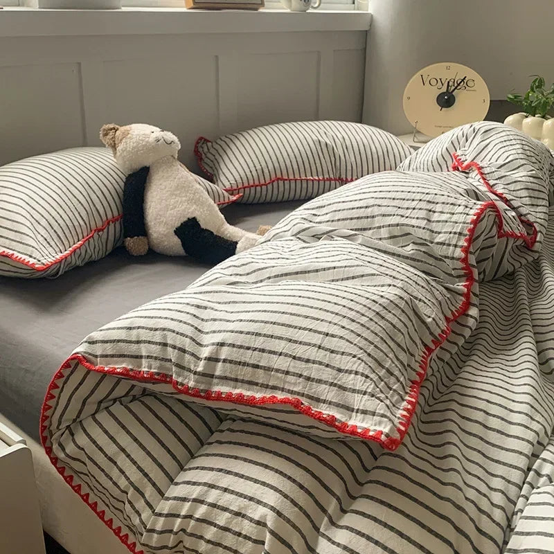 New Shell Edge Pure Cotton Bedding Set Simple Striped Printed Skin Friendly Comforter Cover Sets Washable Non Fading Bed Linens