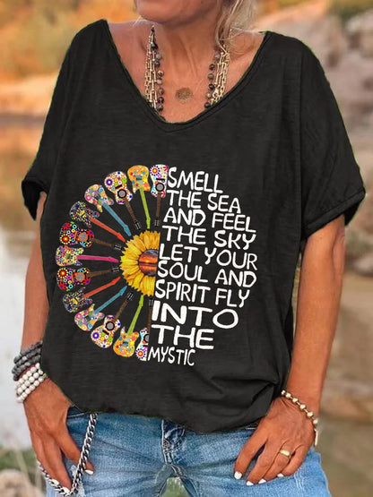 Hippie Classic T-Shirts Women's V Neck T Shirt Short Sleeve Tops Casual Loose Print Tees