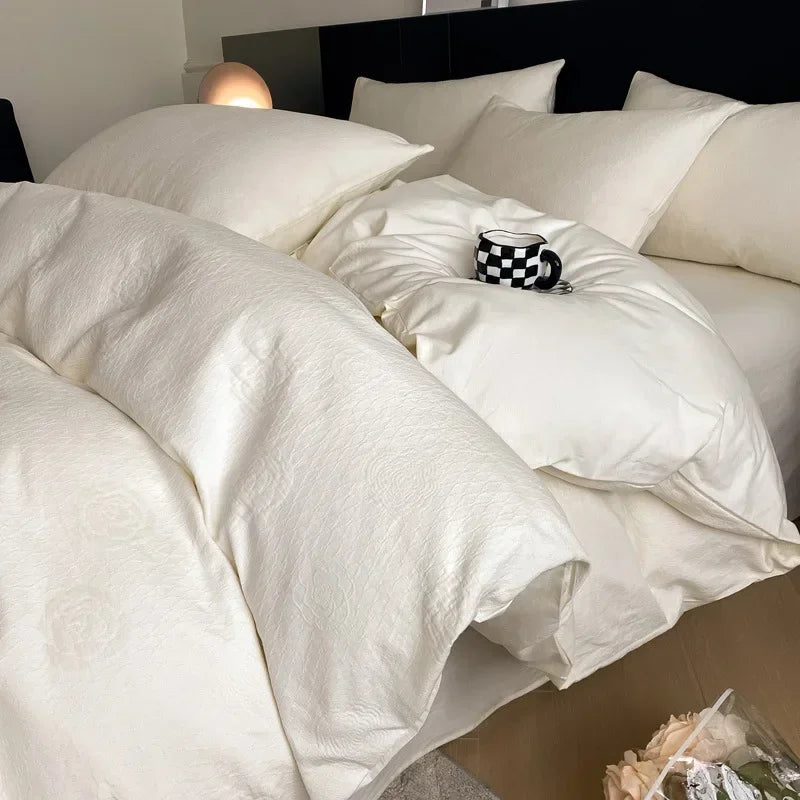 Light Luxury Soft Thick 100% Cotton Flat Sheet Sets Satin Jacquard Silky Bedding Set for Seasons Single Double Bed Comfort Set