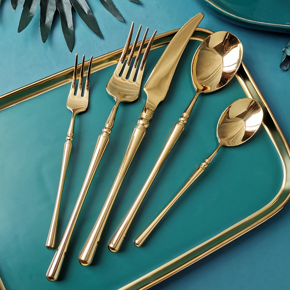 6/16/24/30Pcs Gold Tableware Stainless Steel 304 Cutlery Set Mirror Dinnerware Wedding Gift Hotel Home Dinner Party Flatware