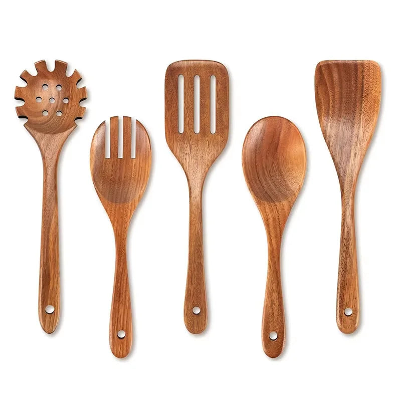 LMETJMA 10 Pack Natural Teak Wooden Kitchen Utensil Set Wooden Spoons Spatula Cooking Utensil Set For Cooking Baking JT503