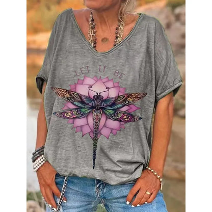 ilstile  Hippie Let It Be Dragonfly Print T-Shirts Women's V Neck T Shirt Short Sleeve Tops Casual Tees Fashion Female clothing