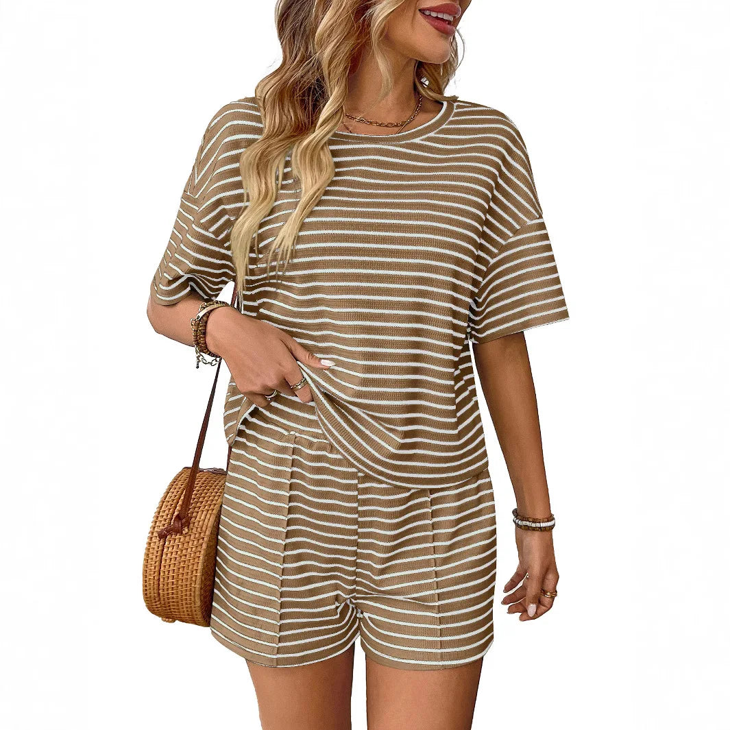 Women Two Piece Short Sets Round Neck Casual Loose Striped Short Sets Knit Elastic Waist