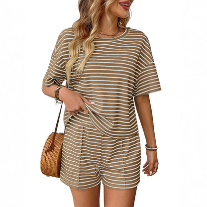 Women Two Piece Short Sets Round Neck Casual Loose Striped Short Sets Knit Elastic Waist